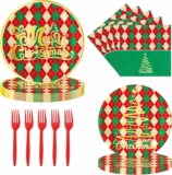 100-Pcs Christmas Paper Plates, Forks, and Napkins (Serves 25 Guests)