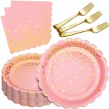 105-Pcs Pink & Gold Disposable Dinnerware Set, Serves 35