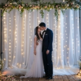 2-Panels 10ft x 8ft Wedding Backdrop White Sheer Tulle Backdrop Curtain with String Lights, 5x8ft