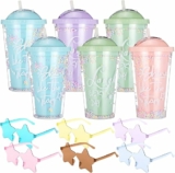 6-Pack Snowglobe Tumbler w/ Straws + 6-Count Star Sunglasses Bundle