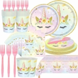 121-Pcs Unicorn Party Tableware & Disposable Dinnerware Set for 24 Guests (Include Tablecloth)