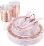 150 Pcs Rose Gold Plastic Plates & Silverware & Disposable Cups, Laced Design Includes 25 Dinner Plates 10.25″ 25 Dessert Plates 7.5″ 25 Tumblers 25 Forks 25 Knives 25 Spoons