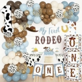 165Pcs My First Rodeo Birthday Decorations, Include One Boxes, Brown Blue Balloons Arch, Banner, Highchair Banner, Cake Topper