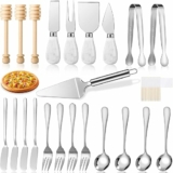 22 Pieces Charcuterie Board Accessories with 100 Toothpick Flag Cheese Spreader Knives Set, Marble Cheese Knife, Butter Spreader, Cake Server, Serving Tongs, Spoons, Forks, Dippers