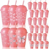 24 Pcs 16 oz Coquette Pink Bow Plastic Cups with Straw and Lid
