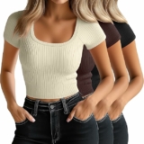 3 Pack Women’s Scoop Neck Ribbed Knit Slim Fitted Crop Tops