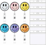 6 Pack Smiley Face Badge Reel, Retractable Glitter ID Badge Holder with Waterproof Resealable Card Cover