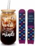 2-Pc  Teacher Appreciation Gifts (Ice Coffee Glass Cup with Bamboo Lid & Straw + 1-Pair Socks)
