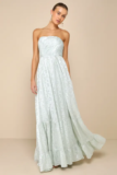 Adorably Elegant Sage Jacquard Floral Strapless Maxi Dress