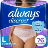 76-Count Always Discreet Adult Incontinence Underwear for Women and Postpartum Underwear, L