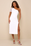 Women’s Amazing Glamour White Polka Dot Mesh One-Shoulder Midi Dress