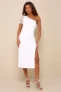 Women’s Amazing Glamour White Polka Dot Mesh One-Shoulder Midi Dress