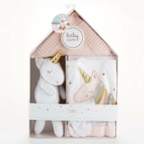 5-Pc Baby Aspen Simply Enchanted Unicorn Welcome Home Gift Set (Unicorn Plush Rattle, Cotton Cap, Mittens, Knit Lovie, & Bib)