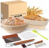 9-Pc Banneton Bread Proofing Basket Set, 11 Inch Sourdough Proofing Basket and Bread Baking Supplies-Bread Lame, Danish Whisk, Bowl & Dough Scraper, Brush