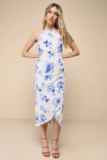 Women’s Blooming Favorite White and Blue Floral Tulip Halter Midi Dress