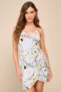 Women’s Blossoming Emotion Ivory Multi Floral Faux-Wrap Mini Dress