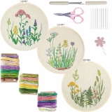 3 Sets Embroidery Kit with Embroidery Fabric with Pattern