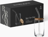 Set of 6 Can-Shaped Drinking Glasses w/ Glass Straws & Bamboo Lids, 16oz