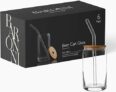 Set of 6 Can-Shaped Drinking Glasses w/ Glass Straws & Bamboo Lids, 16oz