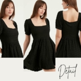 Women’s Casual Square Neck Embossed Pattern Half Sleeve Mini Dress