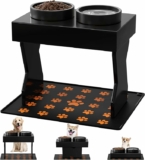 Ceramic Dog Bowls Elevated Wooden Stand with Silicone Mat (3 Height Adjustable)