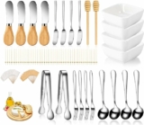 Charcuterie Board Accessories With 3 Oz Ceramic Dip Bowls, Wooden Handle Silver Cheese Spreader Butter Knive Set Kit, Mini Tongs, Spoons, Forks,Honey Dipper, Cocktail Picks