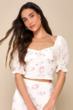 Women’s Cherished Perfection Cream Floral Print Puff Sleeve Crop Top