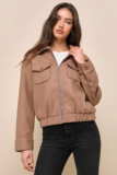 Women’s Cozy Sensation Taupe Collared Bomber Jacket