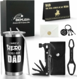 4-Pc Gifts for Dad (Tumbler with Straws and Cleaning Brush, Multifunctional Hammer, Keychain, & Card)