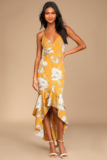 Women’s Darling Daylily Mustard Yellow Floral Print High-Low Maxi Dress