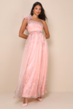 Decadent Dreamer Pink Floral Backless One-Shoulder Maxi Dress