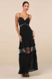 Deeply Stunning Black Lace Pleated Lace-Up Backless Maxi Dress