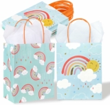 36 Pack Medium Sized Rainbow & Clouds Themed Gift Bags with White Tissue Paper