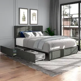 Upholstered Platform Bed with Patented 4 Drawers Storage and Headboard, Queen