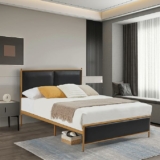 Upholstered Queen Size Platform Bed Frame, with Headboard and Strong Wooden Slats Metal Bed Frames