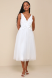 Women’s Dreamy Presence White Tulle Floral Applique Bow Midi Dress