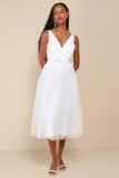 Dreamy Presence White Tulle Floral Applique Bow Midi Dress