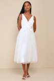 Dreamy Presence White Tulle Floral Applique Bow Midi Dress