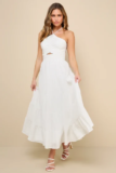 Women’s Effortless Sweetness White Ruched Lace-Up Tiered Midi Dress