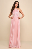 Women’s Elaborate Charm Light Pink Satin Pleated Backless Maxi Dress