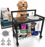 Stainless Steel Raised Dog Bowls Stand w/ Wheels & Storage for Medium & Large Sized Dogs