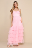 Endlessly Darling Pink Mesh Tiered Tie-Strap Maxi Dress