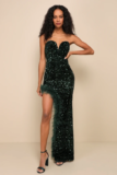 Everlasting Radiance Emerald Sequin Strapless Feather Maxi Dress