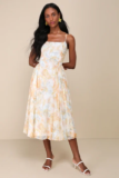 Women’s Exceedingly Admirable Yellow Multi Floral Pleated Midi Dress