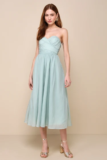 Women’s Fairytale Design Sage Green Organza Strapless A-Line Midi Dress