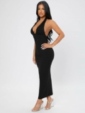 Women’s Plunging Deep V Neck Backless Ribbed Knit Tie Back Bodycon Maxi Dress