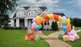 Fraser Hill Farm 8-ft. Birthday Walkway Arch with Balloons, Bear, and Bunny, Blow Up with Lights, Outdoor Celebration Inflatable Decoration