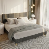 Full Size Wood Bed Frame, Linen Upholstered Platform Bed with Headboard, No Box Spring Needed, 700 LBS Sturdy Wooden Slats Support