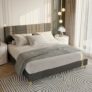 Full Size Wood Bed Frame, Linen Upholstered Platform Bed with Headboard, No Box Spring Needed, 700 LBS Sturdy Wooden Slats Support
