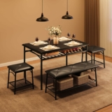 4-Pc Kitchen Table Set with Upholstered Bench and Square Stools